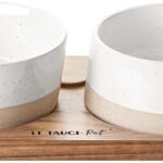 LE TAUCI PET Dog Bowl Ceramic Set with Acacia Wood Tray, 2 Cup Food Bowl + 17 oz Water Bowl, Weighted Non-Slip Feeding Station for Small Dogs & Cats