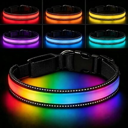 LED Dog Collar – Light Up Dog Collar USB Rechargeable, 7 Color Changing Waterproof Glowing Collar with 500m Visibility, Reflective Nylon Adjustable Safe Collar for Night Walking Dogs M