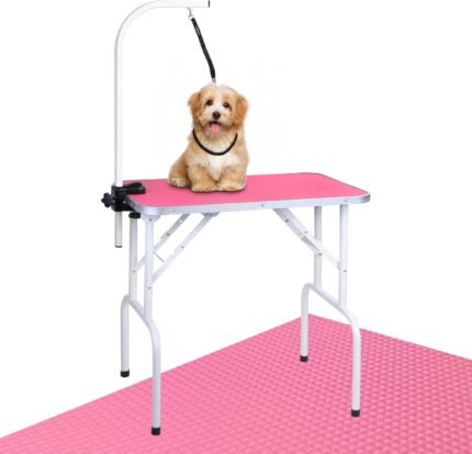 LEIBOU Pet Dog Grooming Table Foldable Grooming Table Heavy Duty Iron Frame with Arm & Noose for Dog Cat Pet Grooming (32”, Pink)