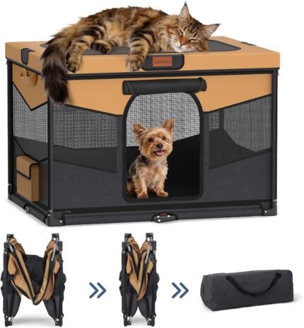 LOOBANI Dog Playpen for Small Dogs, 32″x24″x22″, Foldable & Portable, Brown