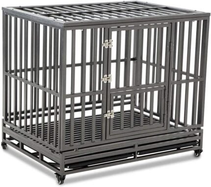 LUCKUP Heavy Duty Dog Cage Metal Kennel and Crate for Medium and Large Dogs, Pet Playpen with Four Wheels,Easy to Install,42 inch,Black