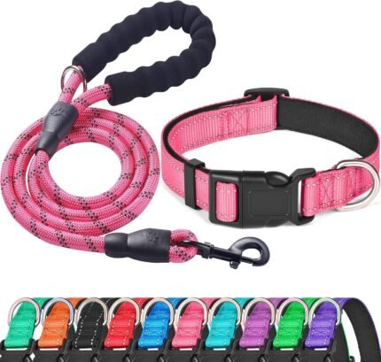 Ladoogo Reflective Dog Collar Padded with Soft Neoprene, Medium, Pink