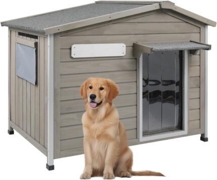 Large Outdoor Dog House for Small Medium Dogs, Weatherproof Wooden Kennel