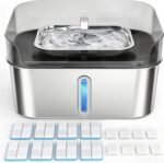 Large Stainless Steel Dog Water Fountain no Spill, 2.1Gal/8L with 8 Filters