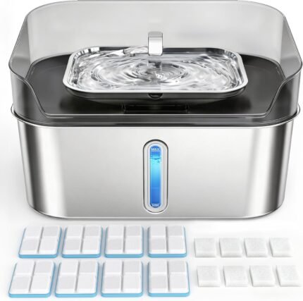Large Stainless Steel Dog Water Fountain no Spill, 2.1Gal/8L with 8 Filters