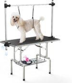 Lyromix 36'' Foldable Dog Grooming Table with Arms/Nooses/Mesh Tray, Black