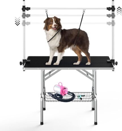 Lyromix 36” Stainless Steel Pet Dog Grooming Table, Arm/Noose/Tray, Black