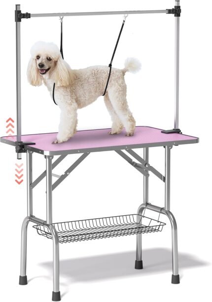 Lyromix 36'' Stainless Steel Pet Dog Grooming Table, Arm/Noose/Tray, Pink