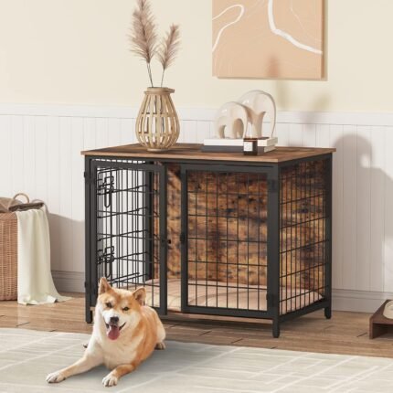 MAHANCRIS Dog Crate Furniture with Cushion, Wooden Dog Kennel with Double Doors, Heavy Duty Dog Cage for Small/Medium/Large Dogs, Indoor Dog House End Table, 31.5″ L, Rustic Brown DCHR0701Z1