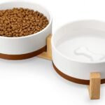 MALACASA Ceramic Dog Bowls Set with Wood Stand, 3.5 Cups Pet Bowls for Medium Dogs with Non-Slip Base, Large Puppies, Cats, Retrievers, ect.Pet Food & Water Basic Bowls Set, Weighted Glaze Matte.34 OZ