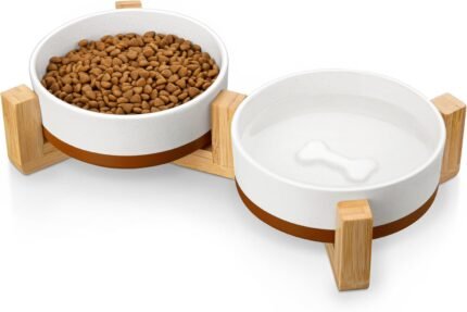MALACASA Ceramic Dog Bowls Small Size Dog with Wood Stand, 1.5-Cup Ceramic Puppy Bowls for Cats & Small Dogs, Dual Food and Water Bowls with Weighted Non-Slip Base, Glaze Matte,14 Oz