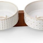 MALACASA Dog Bowl Set, Ceramic Bowls with Walnut Wood Stand, 2 Cups