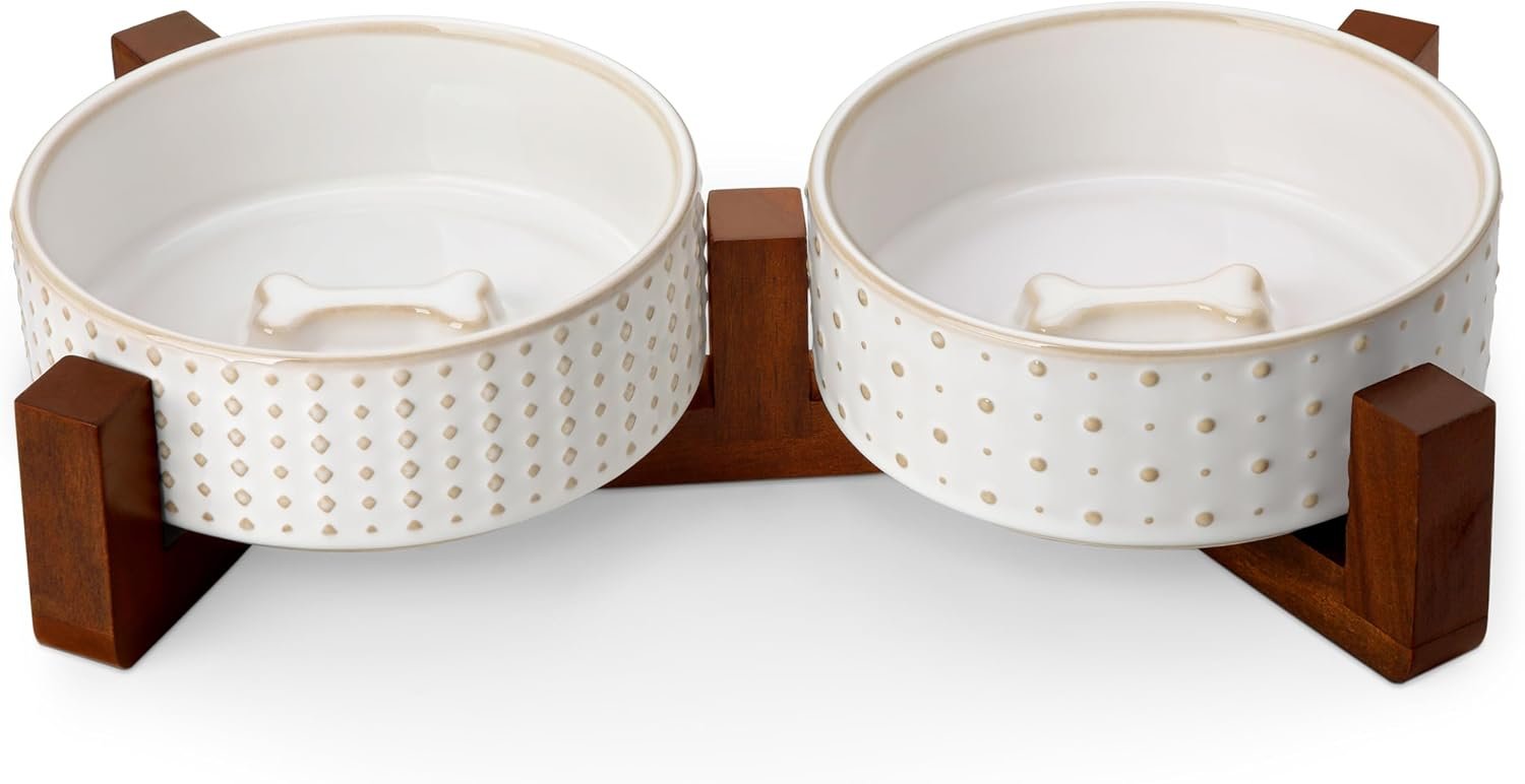MALACASA Dog Bowl Set, Ceramic Bowls with Walnut Wood Stand, 2 Cups MALACASA Dog Bowl Set, Ceramic Bowls with Walnut Wood Stand, 2 Cups