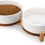 MALACASA Dog Bowls Set with Wooden Stand, 6 Cups Food Water Bowl Set for Medium to Large Size Dogs, Ceramic Pet Bowls with Weighted Non-Slip Base, Basic Bowls for Your Dog,58Oz