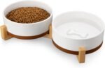 MALACASA Dog Bowls Set with Wooden Stand, 6 Cups Food Water Bowl Set for Medium to Large Size Dogs, Ceramic Pet Bowls with Weighted Non-Slip Base, Basic Bowls for Your Dog,58Oz