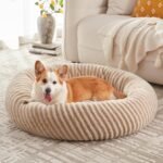 MIXJOY Dog Bed Medium Size Dogs, Washable Medium Dogs Bed with Removable Cover, Cozy Donut Dog Ded Fluffy Plush Faux Fur Pet Bed with Anti-Slip Bottom, 30″x30″x8″, Beige
