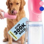 MalsiPree Leak-Proof Portable Dog Water Bottle for Travel – 19 oz, with Pink Bowl – Food Grade Plastic – Dog Bowls – Puppy Essentials – Pet Water Bottle for Trail Hiking, Park Visit & Beach Days