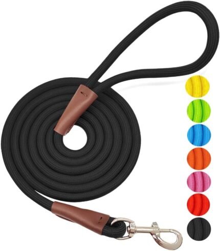 MayPaw 4/6 /8/10 FT Dog Leash, Classic Solid Colors, Strong Nylon Rope Dog Leash Reinforced with Leather Tailor Connection Heavy Duty Silver Clasp (Black, 10ft*1/2")