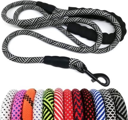 MayPaw Heavy Duty Rope Dog Leash, 3/4/6/7/8/10/12/15/20/30 FT Nylon Pet Leash, Soft Padded Handle Thick Lead Leashes for Large Medium Dogs (Black, 1/2″ * 6′)