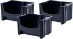 Mighty Tuff Jumbo Stackable Storage Bins, Pack of 3, Easy-Access Storage, Large Easy-to-Grip Handles, Wide Front Opening, Interlocking, Stack Vertically, Black