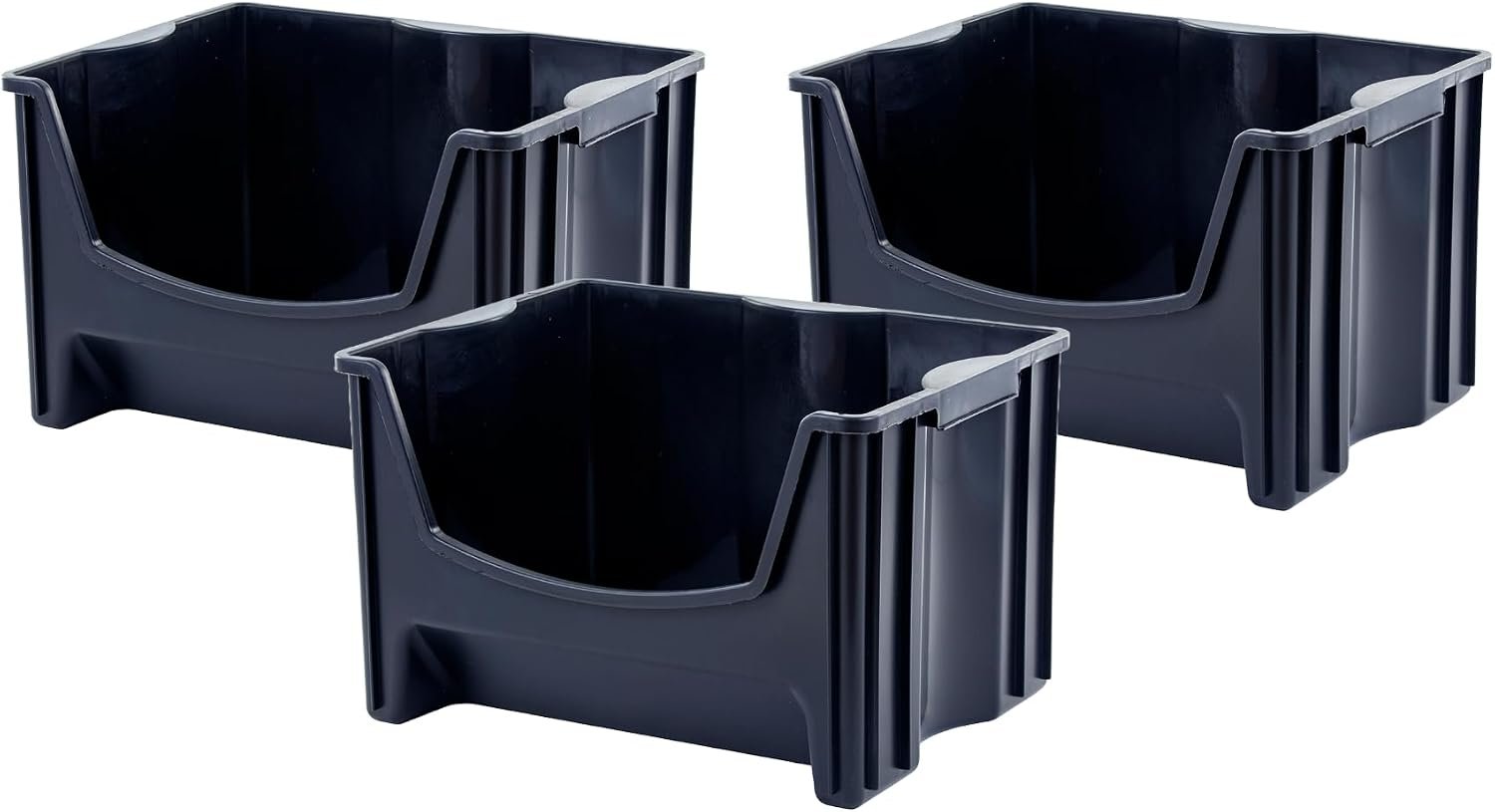 Mighty Tuff Jumbo Stackable Storage Bins, Pack of 3, Easy-Access Storage, Large Easy-to-Grip Handles, Wide Front Opening, Interlocking, Stack Vertically, Black Mighty Tuff Jumbo Stackable Storage Bins, Pack of 3, Easy-Access Storage, Large Easy-to-Grip Handles, Wide Front Opening, Interlocking, Stack Vertically, Black
