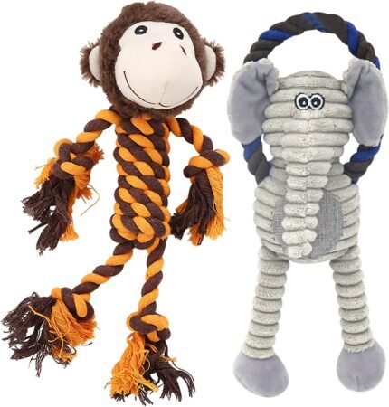 Monkey Rope Dog Toy, Plush Elephant Squeaky Dog Toy, 2 Pack