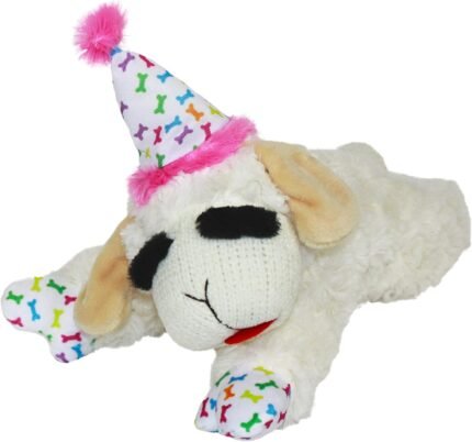 Multipet Lamb Chop Dog Plush Toy with Birthday Hat – Squeaky Dog Toy