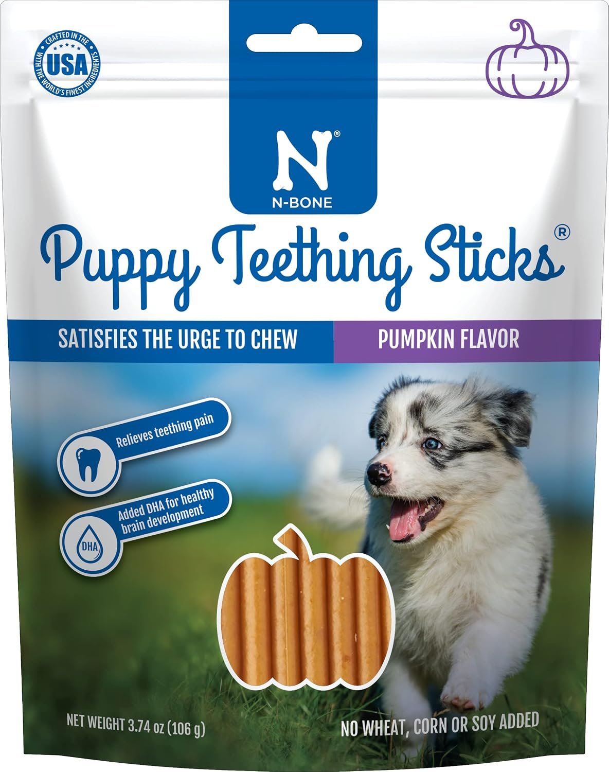 N-Bone Puppy Teething Sticks, Pumpkin Flavor, Natural Puppy Chew Sticks & Teething Treats, SQF Certified, Made with Rice Flour for Easy Digestion, Calcium Enriched (3.7oz) N-Bone Puppy Teething Sticks, Pumpkin Flavor, Natural Puppy Chew Sticks & Teething Treats, SQF Certified, Made with Rice Flour for Easy Digestion, Calcium Enriched (3.7oz)