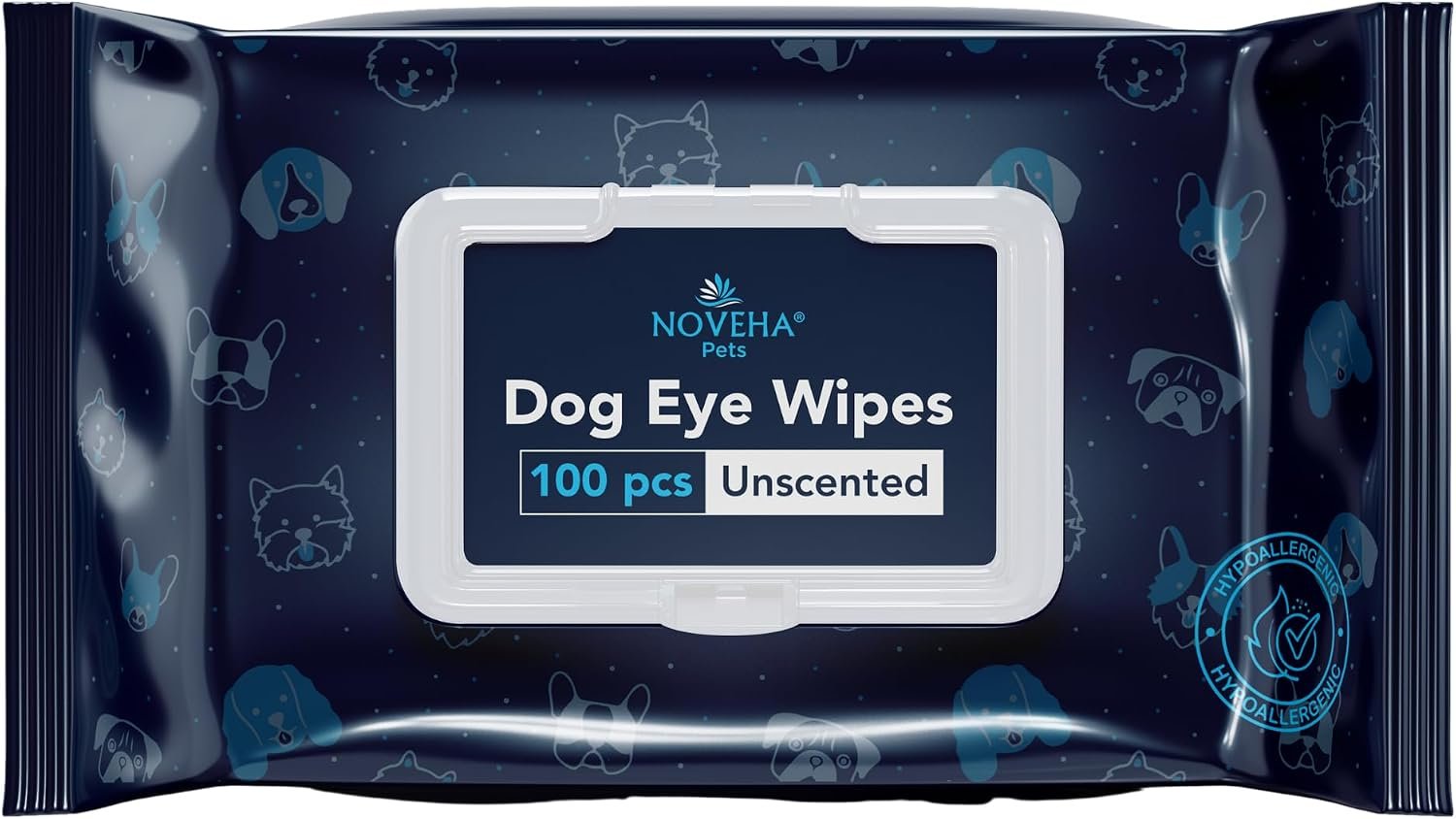 NOVEHA 100PCs Dog Eye Wipes – Tear Stain Remover for Dogs – Formulated with Chamomile and Aloe to Remove Eye Debris, Tear Stains & Eye Discharge – Plant Based, Safe, and Large 5″x5″ Unscented Wipes NOVEHA 100PCs Dog Eye Wipes – Tear Stain Remover for Dogs – Formulated with Chamomile and Aloe to Remove Eye Debris, Tear Stains & Eye Discharge – Plant Based, Safe, and Large 5″x5″ Unscented Wipes