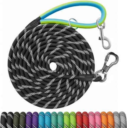 NTR 30 FT Dog Leash, Obedience Recall Training Agility Lead, with 2 Swivel Hooks, Reflective Threads and Soft Handle, Puppy Leash for Walking, Hunting, Camping for Small Medium and Large Dogs-Black
