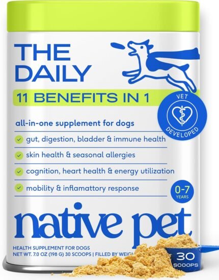 Native Pet The Daily Dog Vitamins & Supplements – 11-in-1 Multivitamin for Dogs – Daily Powder Supplement with Probiotics, Collagen – 30 Scoops