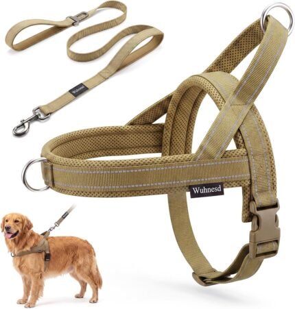 No Pull Dog Harness & 5FT Leash Set with Car Seatbelt Clip,Brown,L