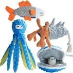 Nocciola 4 Packs Crinkle Squeaky Dog Toys for Aggressive Chewers, Tough Durable Stuffed Plush Rope Tug Puppy Chew Toy for Small Medium Large Breeds