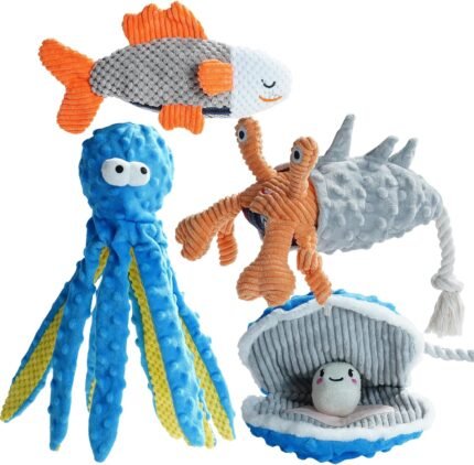 Nocciola 4 Packs Crinkle Squeaky Dog Toys for Aggressive Chewers, Tough Durable Stuffed Plush Rope Tug Puppy Chew Toy for Small Medium Large Breeds