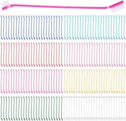 Nuogo 200 Pcs Dog Toothbrush,Dual Headed Long Handle, 8 Colors, Cats Dogs