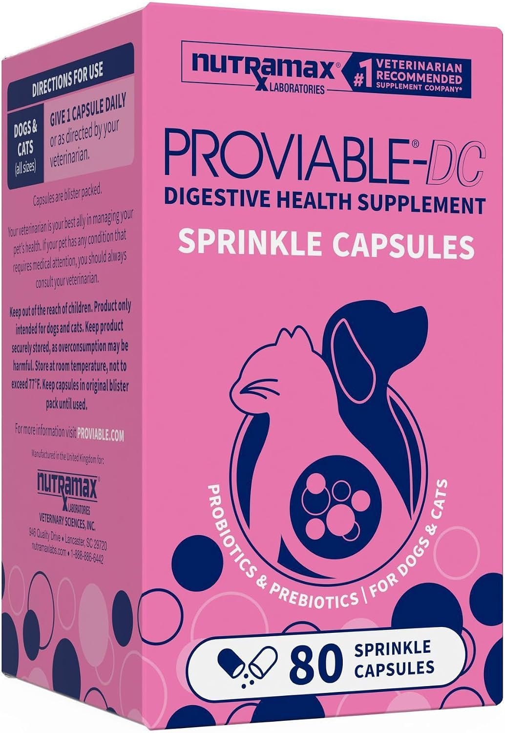 Nutramax Proviable Probiotics + Prebiotics, for Dogs & Cats, Capsules, 80ct Nutramax Proviable Probiotics + Prebiotics, for Dogs & Cats, Capsules, 80ct