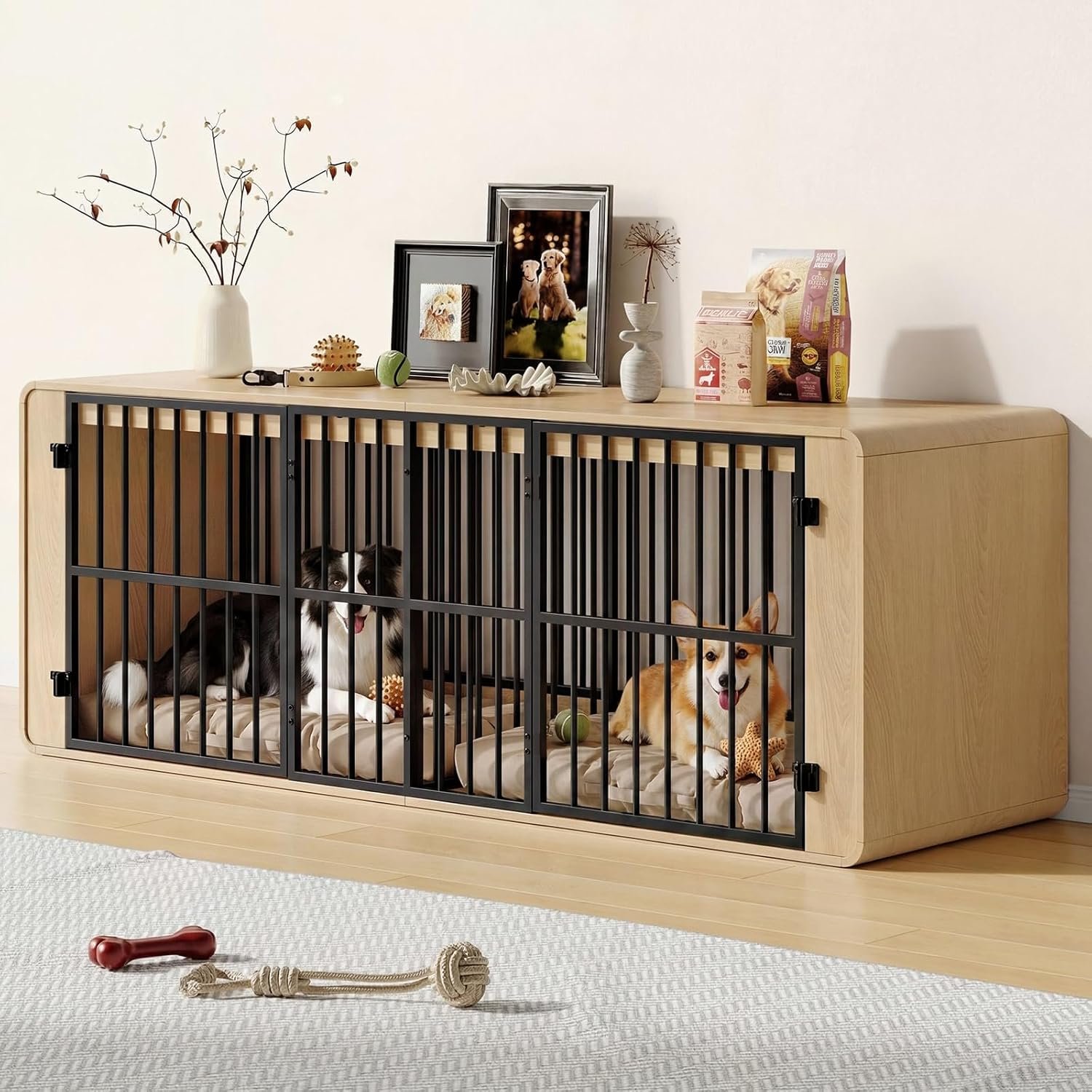 ONBRILL 74″ Double Dog Crate Furniture TV Stand for Large Dogs, Natural Oak ONBRILL 74″ Double Dog Crate Furniture TV Stand for Large Dogs, Natural Oak