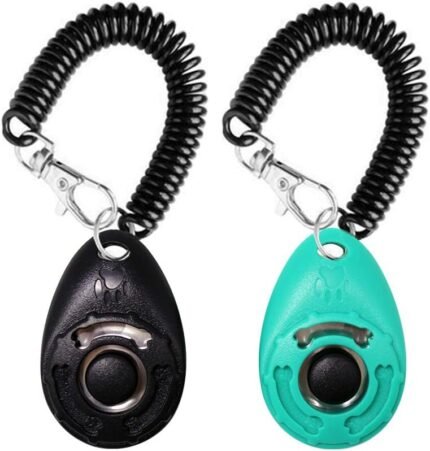 OYEFLY Dog Training Clicker with Wrist Strap Durable Lightweight Easy to Use, Pet Training Clicker for Cats Puppy Birds Horses. Perfect for Behavioral Training 2-Pack (Black and Water Lake Blue)