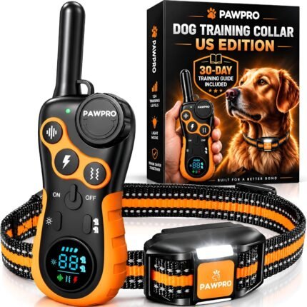 PAWPRO Dog Shock Collar with Remote, US Edition Training Collar, 4-Mile Range, Night Light, Beep, Vibration & 1-99 Shock, Waterproof & Rechargeable, Fits All Dogs, 30-Day Training Guide (1 Collar)