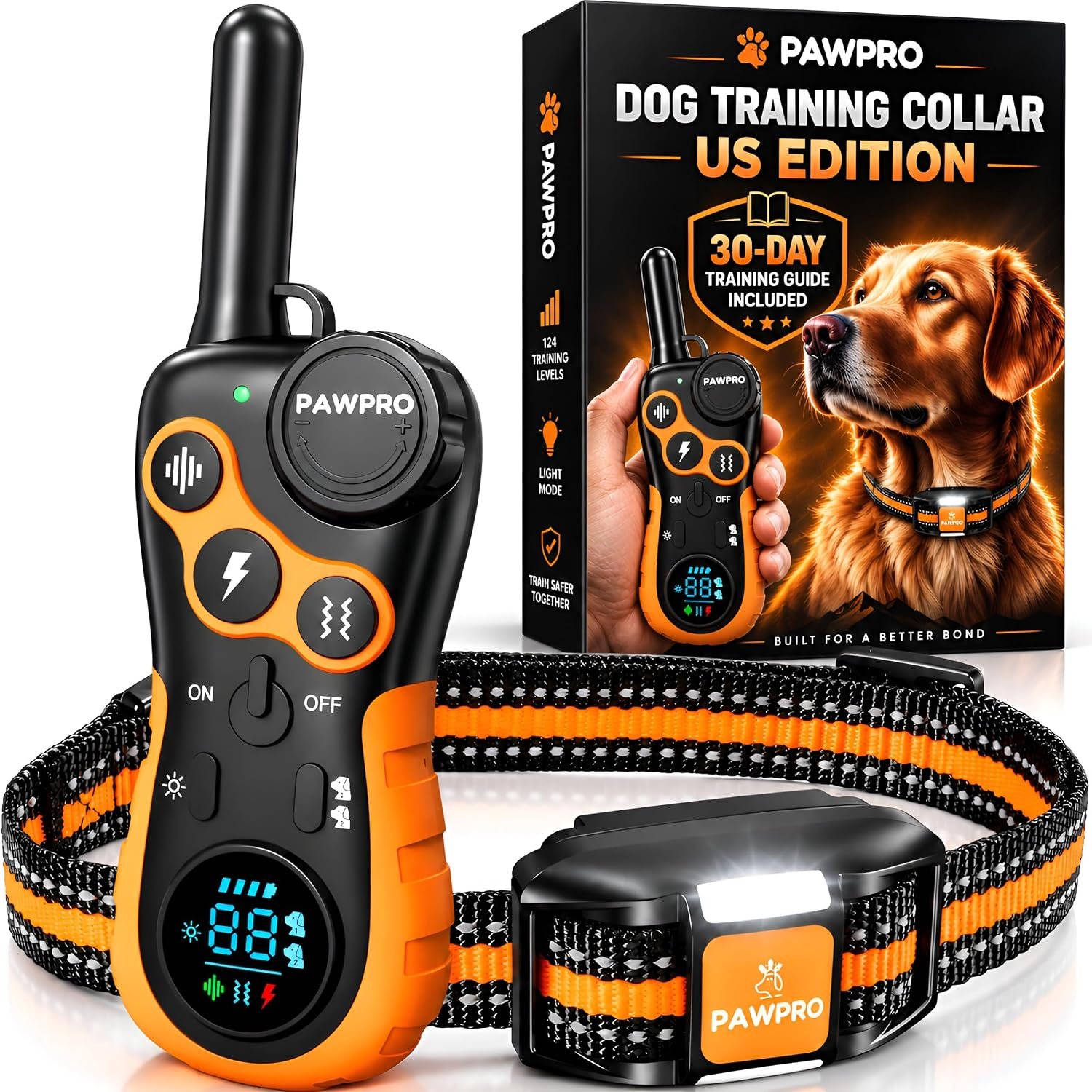 PAWPRO Dog Shock Collar with Remote, US Edition Training Collar, 4-Mile Range, Night Light, Beep, Vibration & 1-99 Shock, Waterproof & Rechargeable, Fits All Dogs, 30-Day Training Guide (1 Collar) PAWPRO Dog Shock Collar with Remote, US Edition Training Collar, 4-Mile Range, Night Light, Beep, Vibration & 1-99 Shock, Waterproof & Rechargeable, Fits All Dogs, 30-Day Training Guide (1 Collar)