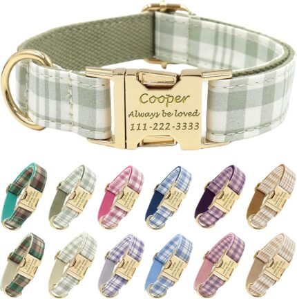 PETDURO Personalized Dog Collar Olive Green Plaid for Large Medium Dogs