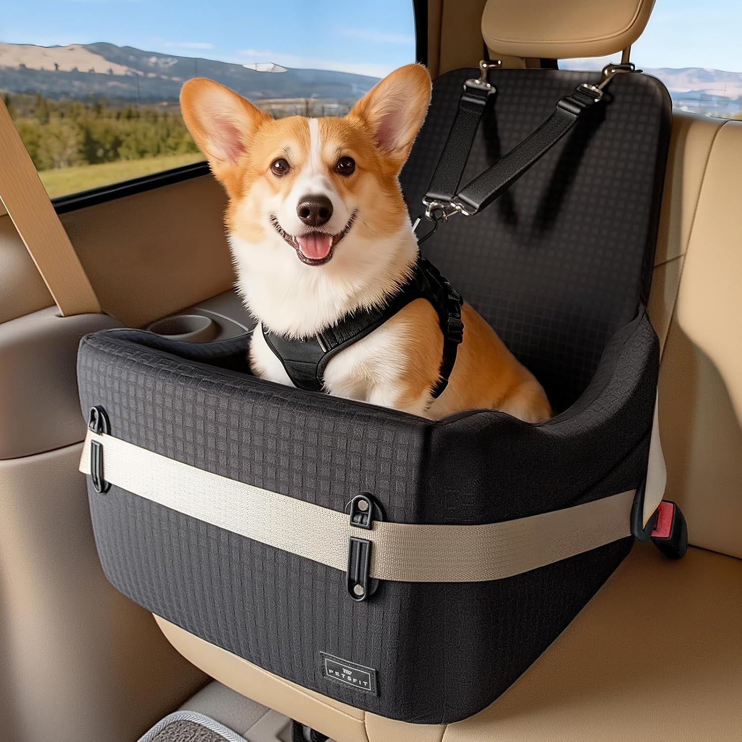 PETSFIT Dog Car Seat with Patented Safety System, 5″ Elevated Cushion PETSFIT Dog Car Seat with Patented Safety System, 5″ Elevated Cushion