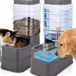 Pawzone 2 Pack Automatic Cat Feeder and Water Dispenser 1.3 Gallon Dog Gravity Food Feeder and Water with Ice Pack Stainless Steel Dry Food and Water Bowl for Small Medium Large Pets (Grey)