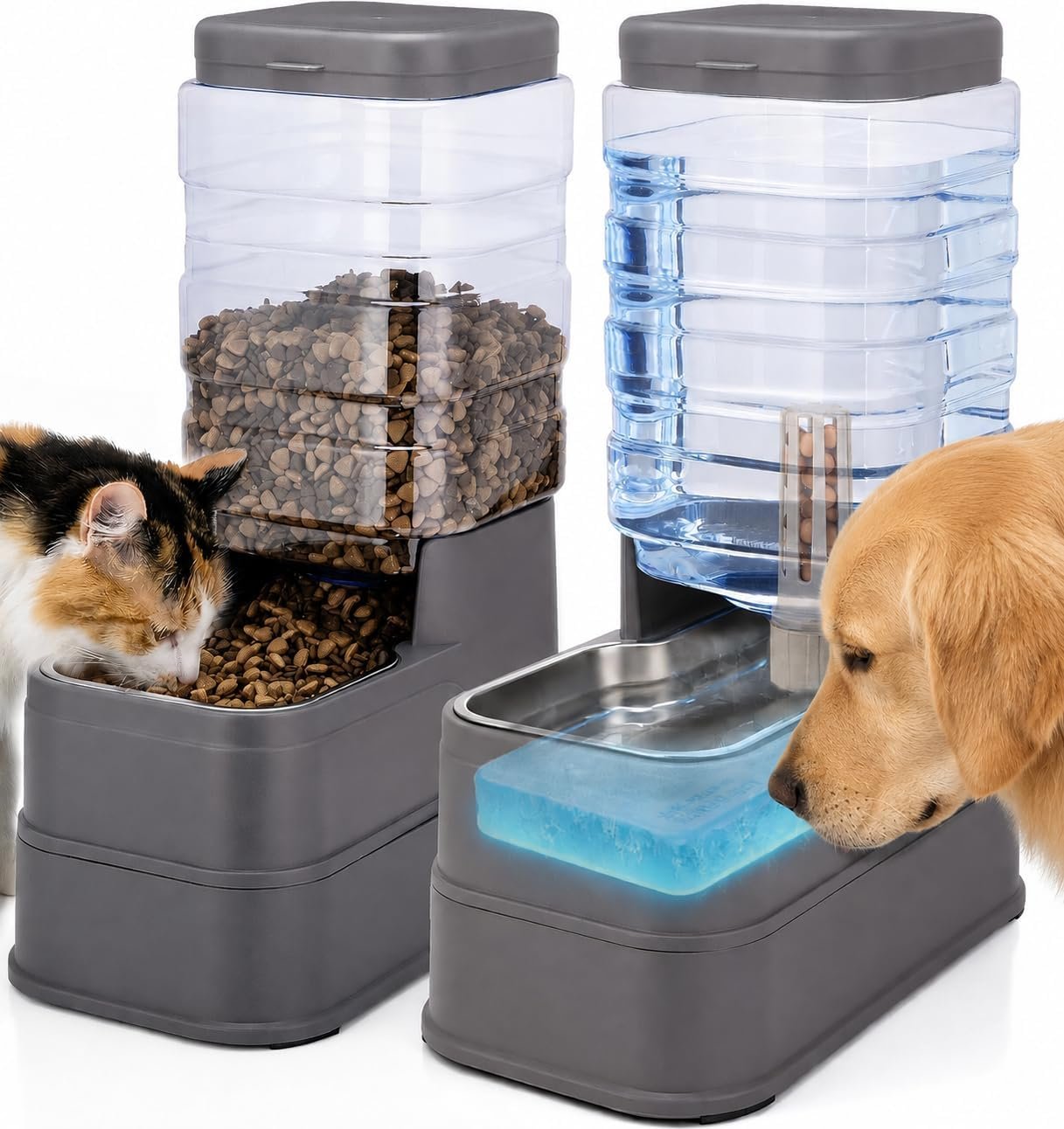 Pawzone 2 Pack Automatic Cat Feeder and Water Dispenser 1.3 Gallon Dog Gravity Food Feeder and Water with Ice Pack Stainless Steel Dry Food and Water Bowl for Small Medium Large Pets (Grey) Pawzone 2 Pack Automatic Cat Feeder and Water Dispenser 1.3 Gallon Dog Gravity Food Feeder and Water with Ice Pack Stainless Steel Dry Food and Water Bowl for Small Medium Large Pets (Grey)