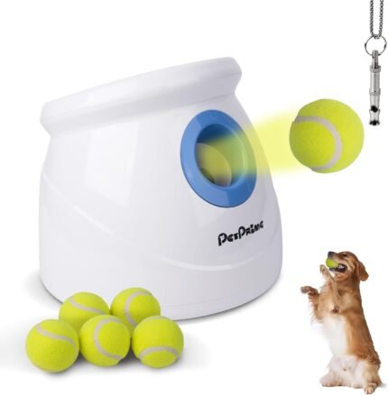 Pet Prime Automatic Ball Launcher for Large Dogs，Adjustable 10-40ft Distance,Rechargeable Dog Ball Thrower with 6 Tennis Balls(2.5″) & Training Whistle,Interactive Toy for Indoor/Outdoor Play