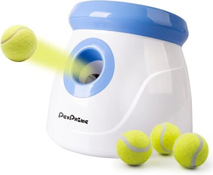 Pet Prime Automatic Dog Ball Thrower Launcher for Small and Medium Dogs, Interative Dog Fetch Machine with 3 Tennis Balls (2”) for Indoor/Outdoor Throwing Game Launch Distance 10-30ft