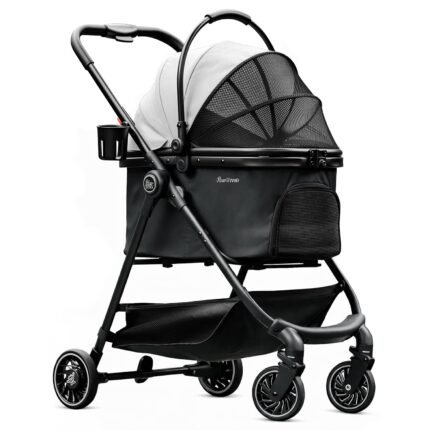 Pet Stroller for Small Dogs and Cats, One-Click Foldable Dog Stroller with Detachable Carrier & 3 Safety Tethers, Holds up to 33 lbs, Storage Basket & Cup Holder, Breathable Mesh, Black