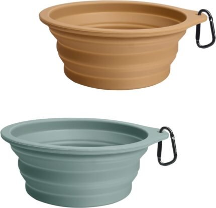 PetBonus 2-Pack Silicone Collapsible Dog Bowls, BPA Free Dishwasher Safe, Portable Foldable Expandable Travel Bowl, Food Water Feeding Cup Dish for Dogs Cats with 2 Carabiners (Turquoise, Tan)