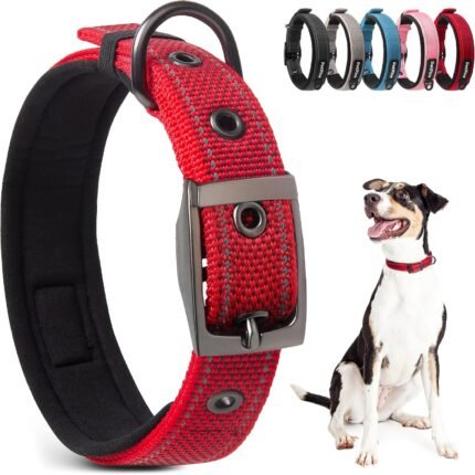 PetiFine Dog Collar for Large Dogs, Neoprene Padded and Adjustable, Reflective Wide Heavy Duty Pet Collars with Durable Metal Belt Buckle for Walking, Red, L