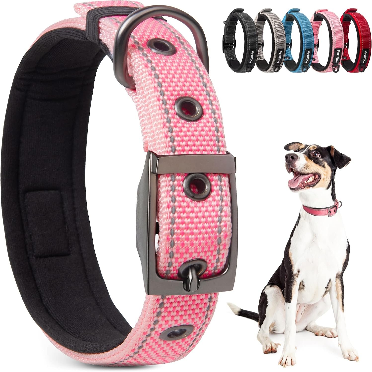 PetiFine Neoprene Padded Dog Collar, Heavy Duty Comfort Dog Collar with Durable Metal Buckle, Reflective Adjustable Belt Buckle Dog Collars for Small Medium Large Dogs(14.5”-19”, Pink) PetiFine Neoprene Padded Dog Collar, Heavy Duty Comfort Dog Collar with Durable Metal Buckle, Reflective Adjustable Belt Buckle Dog Collars for Small Medium Large Dogs(14.5”-19”, Pink)
